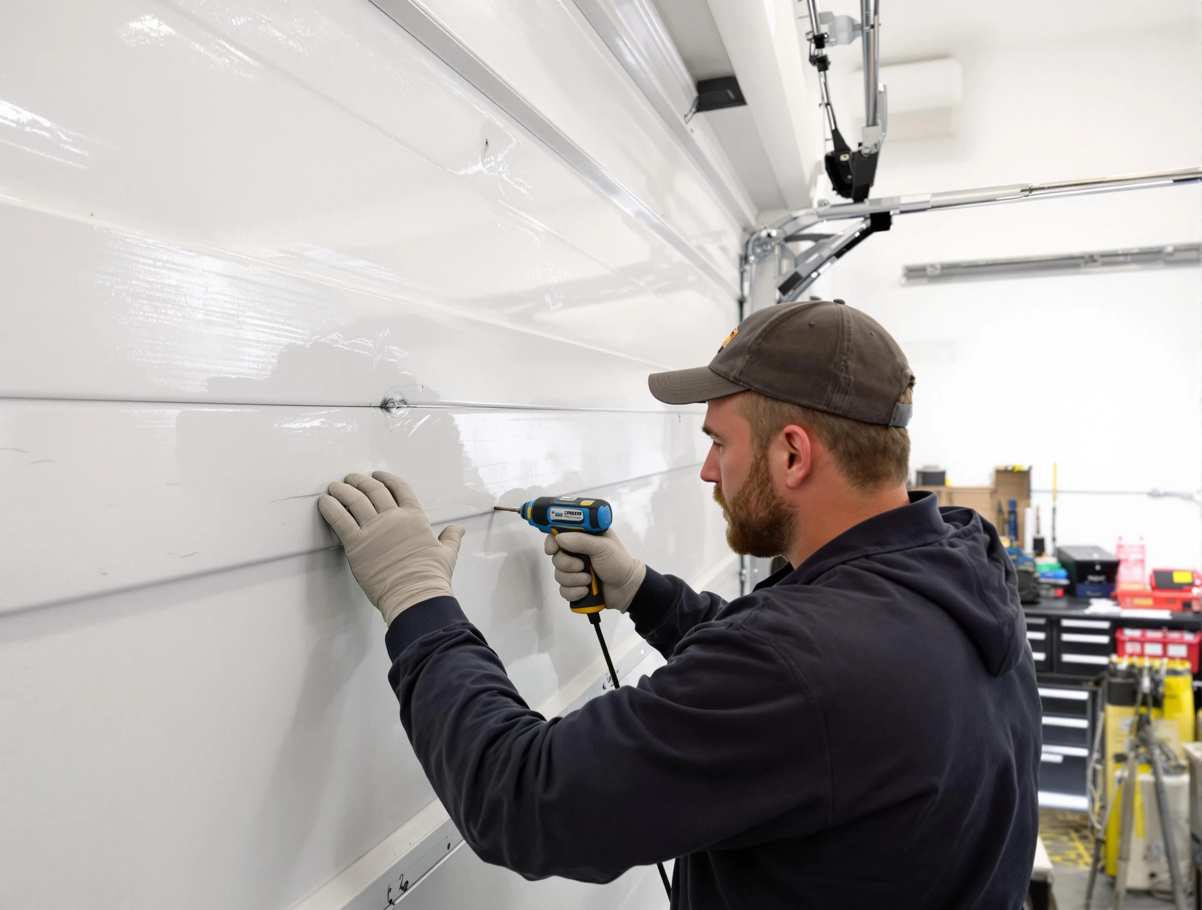 Guadalupe Garage Door Repair technician demonstrating precision dent removal techniques on a Guadalupe garage door